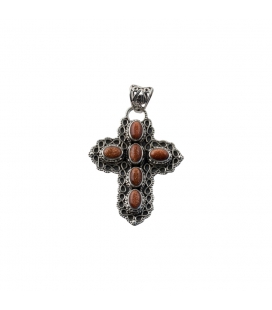 PENDENTIF CROIX, ORIGINE INDE, ARGENT ET PIERRE DE SOLEIL, POUR FEMME 