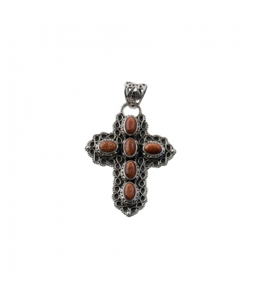 PENDENTIF CROIX, ORIGINE INDE, ARGENT ET PIERRE DE SOLEIL, POUR FEMME 