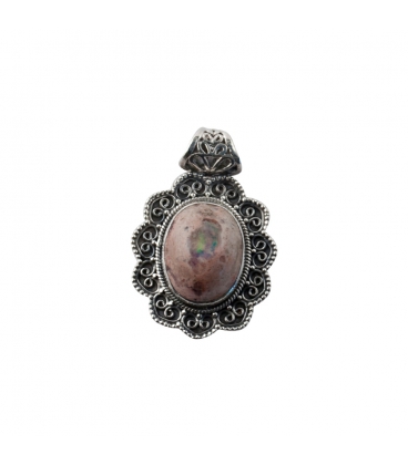 INDIAN OVAL PENDANT, SILVER AND MEXICAN OPAL,