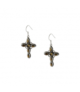 BOUCLES D'OREILLES INDIENNES, CROIX ARGENT ET TURQUOISE ,POUR FEMME