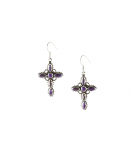 BOUCLES D'OREILLES INDIENNES, CROIX ARGENT ET TURQUOISE VIOLETTE, POUR FEMME