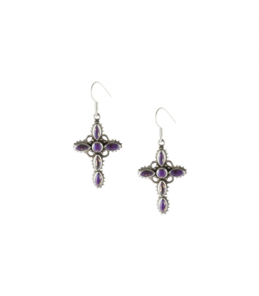 BOUCLES D'OREILLES INDIENNES, CROIX ARGENT ET OEIL DE TIGRE, POUR FEMME