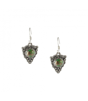 INDIAN EARRINGS,CROSS IN SILVER AND GREEN COPPER TURQUOISE, FOR WOMEN