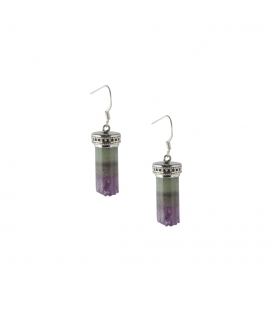 BOUCLES D'OREILLES INDIENNES, ARGENT ET AMETHYSTE "TUBE" ,POUR FEMME