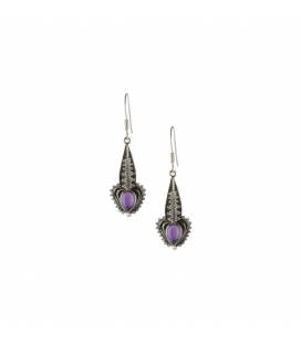 LONG INDIAN EARRINGS,SILVER AND FACETED AMETHYST, FOR WOMEN