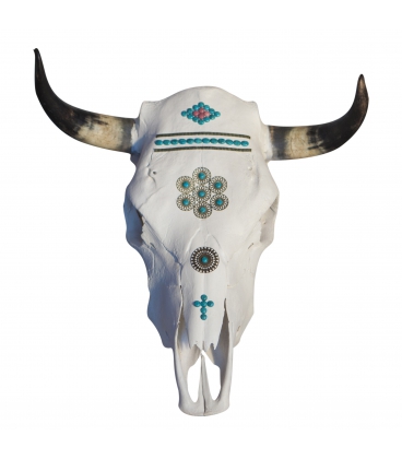 REAL COW SKULL WITH TURQUOISES AND BRONZE, BANDITAS CREATION