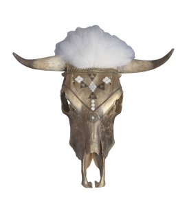 REAL COW SKULL WITH SHELL GEMSTONES, FEATHERS AND BRONZE, SL Bijoux CREATION