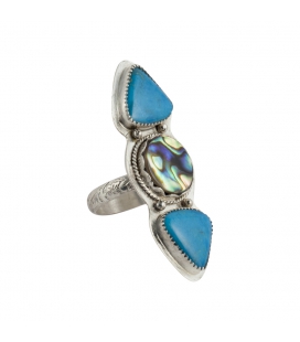 Long Women Ring, SL Bijoux creations, 2 Nacozaris Turquoise and Abalone, on Silver, handmade work