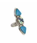 Long Women Ring, SL Bijoux creations, 2 Nacozaris Turquoise and Abalone, on Silver, handmade work