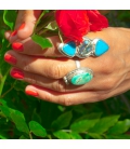 Long Women Ring, Banditas creations, 2 Nacozaris Turquoise and Abalone, on Silver, handmade work