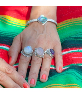 BAGUE INDIENNE EN ARGENT, BOULES ET QUARTZ ROSE, POUR FEMME 