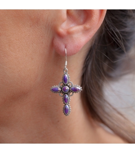 INDIAN EARRINGS,CROSS IN SILVER AND PURPLE COPPER TURQUOISE, FOR WOMEN