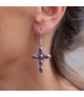 BOUCLES D'OREILLES INDIENNES, CROIX ARGENT ET TURQUOISE VIOLETTE, POUR FEMME