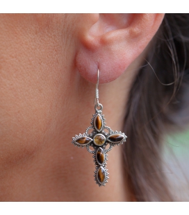 BOUCLES D'OREILLES INDIENNES, CROIX ARGENT ET OEIL DE TIGRE, POUR FEMME