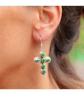 BOUCLES D'OREILLES INDIENNES, CROIX ARGENT ET TURQUOISE VERTE POUR FEMME