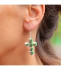 BOUCLES D'OREILLES INDIENNES, CROIX ARGENT ET TURQUOISE VERTE POUR FEMME