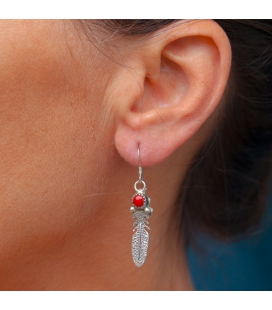 boucles d'oreille Plume Argent et Pierres, origine Amérindien Navajo, femme ou enfant 