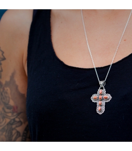 CROSS PENDANT, FROM INDIA, SILVER AND BROWN SUNSTAR,