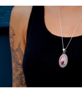 INDIAN OVAL PENDANT, SILVER AND RHODONITE,