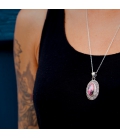 INDIAN OVAL PENDANT, SILVER AND RHODONITE,