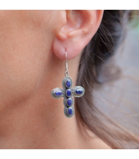 BOUCLES D'OREILLES INDIENNES, CROIX ARGENT ET SAPHIR, POUR FEMME