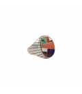 Grosse Chevalière Zuni Multicolore ovale, Argent 925 et marqueterie de pierres, pour homme et femme