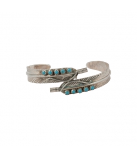 Bracelet Amérindien Navajo, femme, Double Plume, Argent, Turquoise 