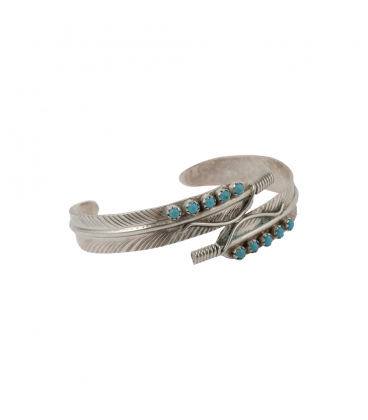 Bracelet Amérindien Navajo, femme, Double Plume, Argent, Turquoise 