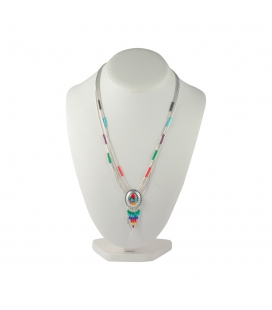 COLLIER "Concho" AMÉRINDIEN ,"LIQUID SILVER" PAMPILLE ET PIERRES MULTICOLORES, FEMMES ET ENFANTS 