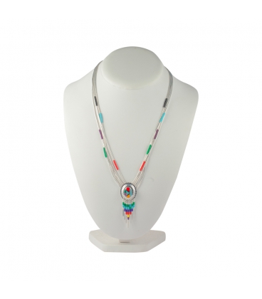 NATIVE AMERICAN LIQUID SILVER NECKLACE, SILVER AND MULTICOLORED STONES, WOMEN AND KIDS