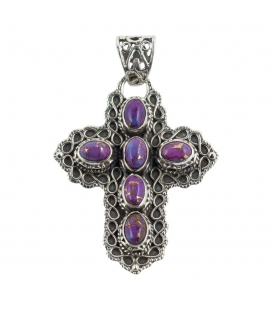 PENDENTIF CROIX, ORIGINE INDE, ARGENT ET PURPLE COPPER TURQUOISE, POUR FEMME 