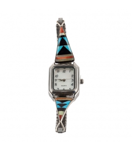 MONTRE AMERINDIENNE ZUNI MIXTE, ARGENT ET MULTI PIERRES