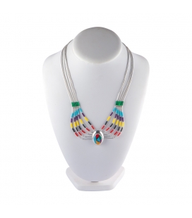 "Liquid Silver" necklace. 5 multicolored rows, Zuni Silver and stones pendant,for women and girls .