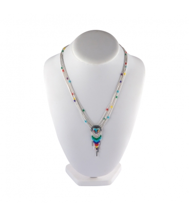 Collier "Liquid Silver", 5 rangs multicolores, mŽdaillon Zuni cÏur et pampilles, pour femme et enfant.