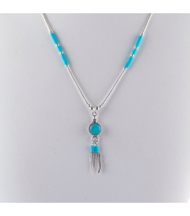 "Liquid Silver" necklace. Round Turquoise pendant and feathers ,for women and girls .