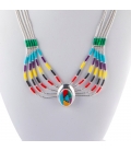 "Liquid Silver" necklace. 5 multicolored rows, Zuni Silver and stones pendant,for women and girls .