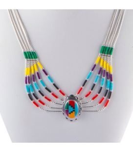 "Liquid Silver" necklace. 5 multicolored rows, Zuni Silver and stones pendant,for women and girls .