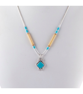 Collier "Liquid Silver" , pendentif carré Turquoise et Bambou. Pour femme et enfant .