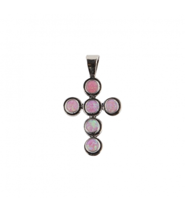 PENDENTIF AMERINDIEN NAVAJO, CROIX ARGENT ET OPALE ROSE , POUR HOMME ET FEMME