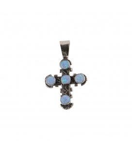 PENDENTIF AMERINDIEN NAVAJO, CROIX ARGENT ET OPALE, POUR HOMME ET FEMME