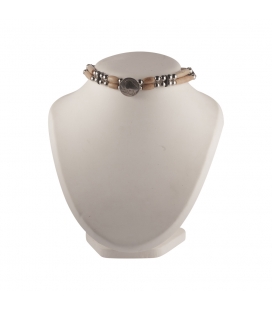 COLLIER "CHOKER" AMERINDIEN 2 RANGS EN CUIR, PERLES EN OS OU CORNE ET "CONCHOS" METAL, FAIT MAIN, POUR HOMME ET FEMME