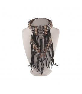 COLLIER "CHOKER" AMERINDIEN 4 RANGS EN CUIR, PERLES EN OS OU CORNE ET "CONCHOS" METAL, FAIT MAIN, POUR HOMME ET FEMME