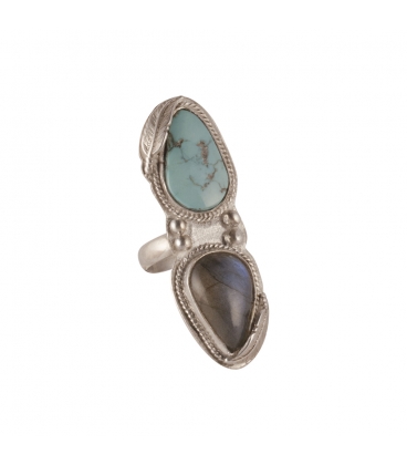 Long Women Ring, Banditas creations, 2 Nacozaris Turquoise and Abalone, on Silver, handmade work