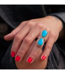 Long Women Ring, Banditas creations, 2 Nacozaris Turquoise and Abalone, on Silver, handmade work