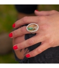 Long Women Ring, Banditas creations, 2 Nacozaris Turquoise and Abalone, on Silver, handmade work