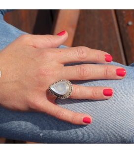 Indian Ring, drop Moonstone on embroidered Silver, for women