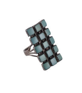 GROSSE BAGUE NAVAJO RECTANGLE, ARGENT ET TURQUOISE KINGMAN, PIÈCE UNIQUE PAR HENRY SAM, POUR FEMME