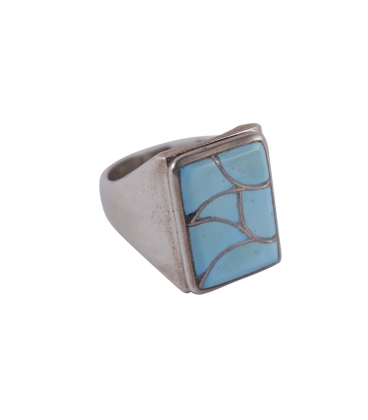 Bague Zuni rectangle, Argent et marqueterie de Turquoise, pour homme ou femme