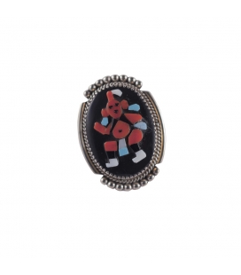 Grosse bague Zuni ovale, Argent, Turquoise, Onyx, Nacre et Corail, pièce unique par Ber Etsate, pour homme ou femme