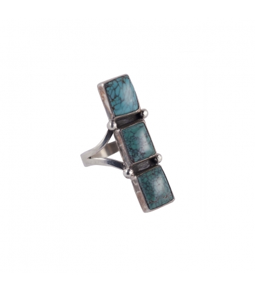 BAGUE NAVAJO RECTANGLE, ARGENT ET 3 TURQUOISE KINGMAN, PIÈCE UNIQUE PAR W.TSOSIE, POUR FEMME